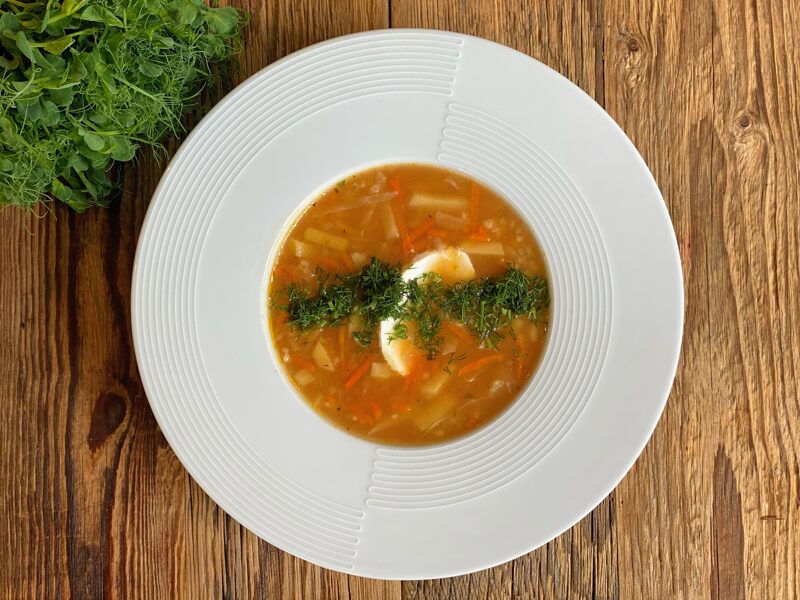 I. Salmon soup with sour cream and greens